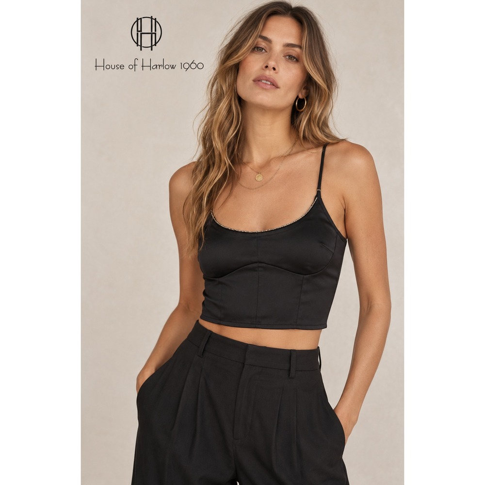 House Of Harlow 1960 Black Satin Crop Whimsy Dark Fairy Core Top Size Medium